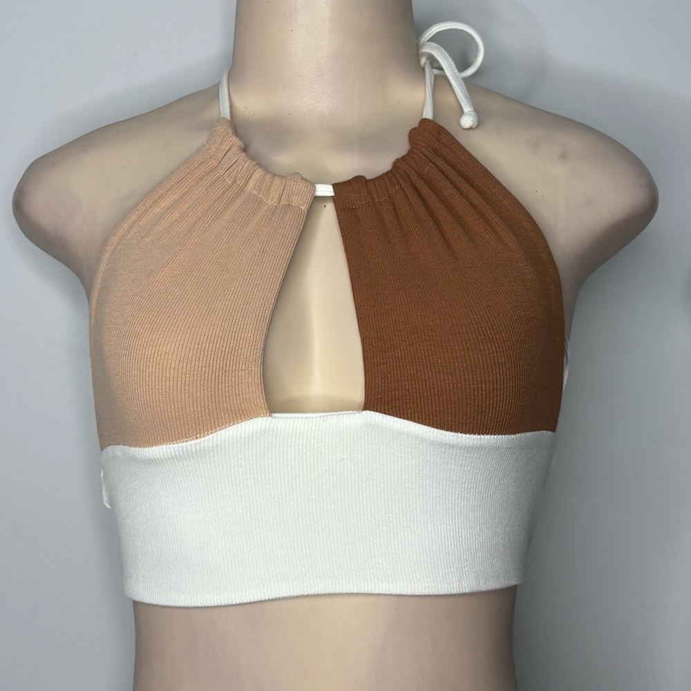 Colorblock Halter Crop Top - Beige, Brown & White